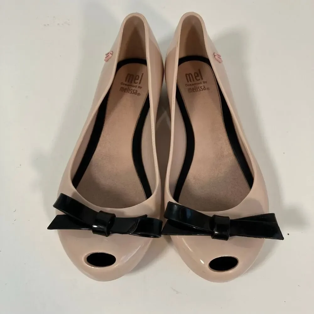 MINI MELISSA Girls Sz 1 Ultragirl Classy Jelly Shoes in Pink w Black Bow WORN